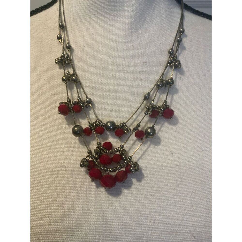 Red Beaded Silver Tone Multi Strand Necklace